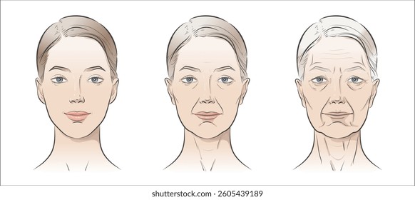 Woman’s face sketch, line vector drawing illustration, contrasting youth and age. Minimalist black-and-white design in realistic style, perfect for skincare ads, anti-aging campaigns, beauty concept