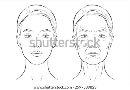 Woman’s face sketch, line vector drawing illustration, youth and age female. Minimalist black-and-white design in realistic style, perfect for skincare ads, anti-aging campaigns, beauty concept