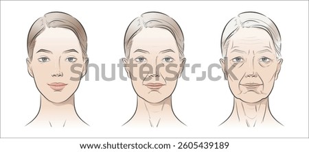 Woman’s face sketch, line vector drawing illustration, contrasting youth and age. Minimalist black-and-white design in realistic style, perfect for skincare ads, anti-aging campaigns, beauty concept