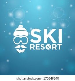 Face with ski goggles, beard and mustache on blue background
