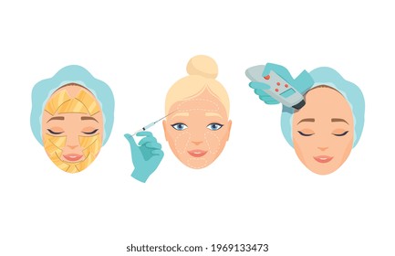 Face Skin Care and Cosmetic Treatment with Female Head in Wrapped Towel Having Dermal Procedure Vector Set