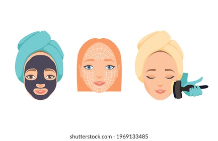 Face Skin Care and Cosmetic Treatment with Female Head in Wrapped Towel Having Dermal Procedure Vector Set