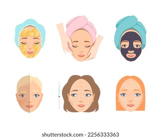 Face Skin Care and Cosmetic Treatment with Female Head in Wrapped Towel Having Dermal Procedure Vector Set