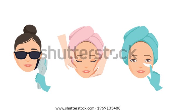Face Skin Care and\
Cosmetic Treatment with Female Head in Wrapped Towel Having Dermal\
Procedure Vector Set