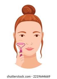 Face skin care. Facial cleaning procedure. Girl cares about her face. Skin care routine, simple woman face facial procedures banner