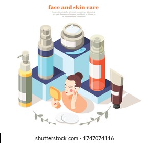 Face and skin care isometric composition of editable text woman and cosmetic treatment products on pedestals vector illustration