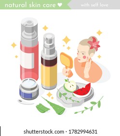 Face skin care isometric composition with woman applying rejuvenating cream moisturizing lotion natural vitamins masks vector illustration      