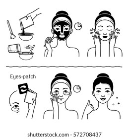 Face skin care set with girl isolated vector illustration. Girl washing her face, cleansing and applying cosmetic cream. Face skincare hygiene procedures, facial treatment mask, cosmetic eye patche.