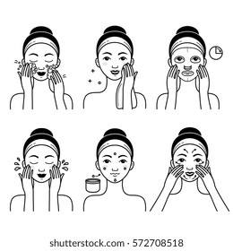 Face skin care set with girl isolated vector illustration. Girl washing her face, cleansing and applying cosmetic cream. Healthy lifestyle, face skincare hygiene procedures, facial mask and massage.