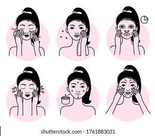 Face skin care set. Isolated woman cleansing, washing, massaging face and applying facial mask cosmetic and cream to skin line drawing icons. Vector girl beauty face skin care treatment guide
