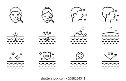Face Skin Care Set Line Icon. Pimple, Blackhead, Microbes on Skin, Protect of UV, Cream Linear Pictogram. Man and Woman Beauty Skincare Outline Icon. Editable Stroke. Isolated Vector Illustration.