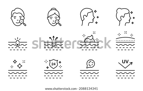 Face Skin Care Set Line Icon. Pimple,\
Blackhead, Microbes on Skin, Protect of UV, Cream Linear Pictogram.\
Man and Woman Beauty Skincare Outline Icon. Editable Stroke.\
Isolated Vector\
Illustration.