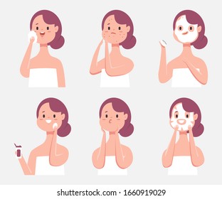 Face skin care vector cartoon illustration with cute girl characters set isolated on a white background.