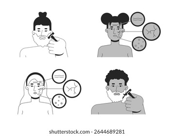 Enfrentar problemas de pele e raspar ilustrações de rotina definidas. Cuidar da barba, dermatologia de cuidados com a pele. Mulheres diversas, homens caracteres de linha 2D isolados em branco. Coleção de imagens lineares de tinta vetorial