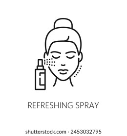 Face skin refreshing spray, skincare cosmetology icon. Face skin health, dermatology treatment and cosmetology skincare cosmetics, spa salon mesotherapy product linear vector icon with skincare spay