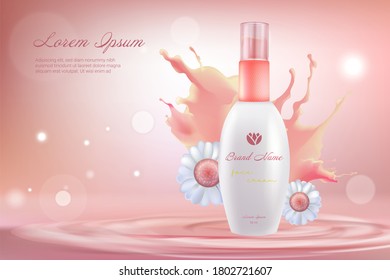 Face skincare cosmetics vector illustration. 3d realistic plastic white bottle for facial skin care cream or milk lotion with natural herbal ingredient, chamomile daisy flowers, cosmetology background