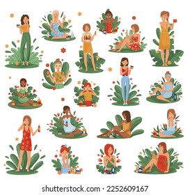 Face Skincare with Girls Applying Cream and Mask on Skin Big Vector Set