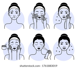 Face skincare set. Isolated woman cleansing, washing face, applying facial spray cosmetic and cream to healthy skin line drawing icons. Vector girl beauty face skincare treatment, hygiene procedure