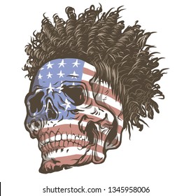 Face of Skull with american flag and dredlocks for tatoo and T-shirt design - Vector