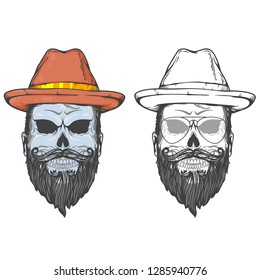 Face of skull with hat, beard, mustache and eyeglasses, vector illustration isolated on white background, vintage grunge set