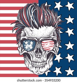 Face of skull with sunglasses and hairstyle on the abstract USA flag.Tattoo design. Vector illustration