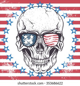 Face of skull with sunglasses on the abstract USA flag.Vector illustration