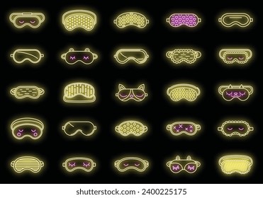 Face sleeping mask icons set. Outline set of face sleeping mask vector icons neon color on black