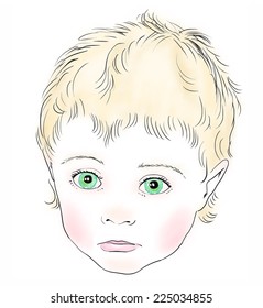 A face of small blond child with sad emotion. Vector sketch with color elements, isolated on white background.
