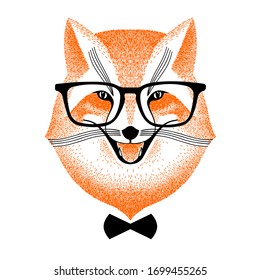 face smart red fox in glasses and bow-tie. Fox hipster style. decorative portrait sly fox. Sketch anthropomorphic animal for poster, print or t-shirt. gentleman.