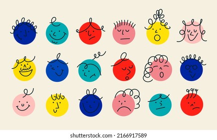 Face smile character abstract icon. Happy family cartoon doodle expression avatar people vector illustration concept. Comic fun eye and emoticon funny emoji person set. Cute crayon round art drawing