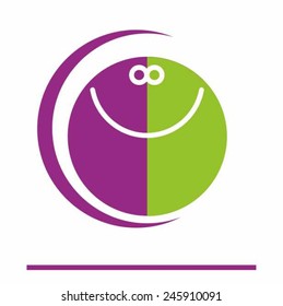 Face with smile  in the circle. Two half-circle in different colors: purple, green. Vector icon.