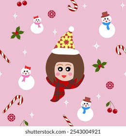 A Face of Smile Girl wearing a Party Hat and Red Scarf. Snowman Wearing hat ribbon scarf. Merry Christmas Pattern with a Girl and Snow winter materials seasons Decorations. Seamless vector xmas festiv