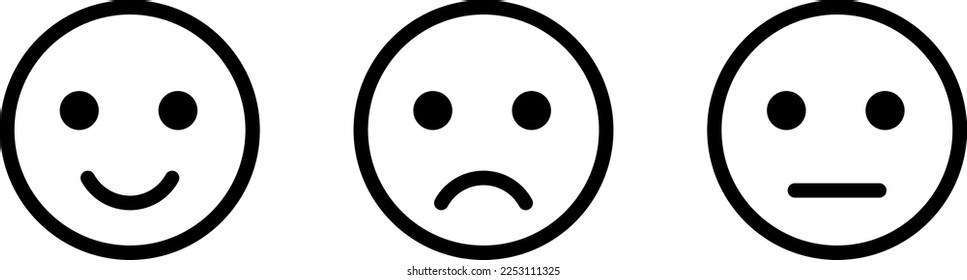 Icono de sonrisa cara positivo, negativo neutral. Iconos Emoji para la tasa de satisfacción. Feliz y triste emoji smiley enfrenta el icono del vector de arte de línea para aplicaciones y sitios web. Ilustración vectorial.	