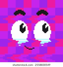 Face of Smile in Tears with Glitched Purple Tiles, Pixel Art Style Illustration