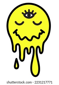 A face with a smile and a third eye. Icon. Cartoon character illustration. Melting smile. Trippy smiley smile psychedelic face, lsd, acid, trip print for t-shirt, sticker, poster concept