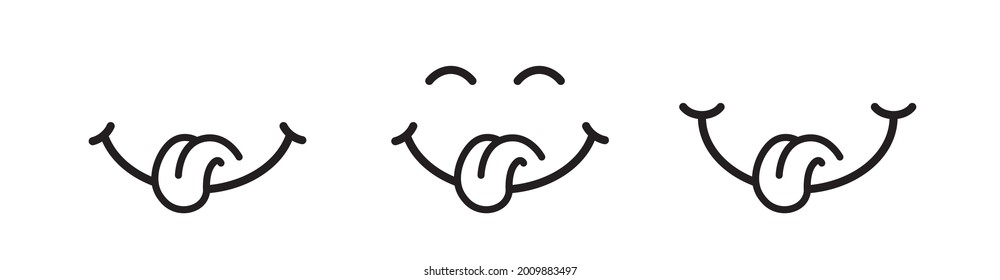 Juego de iconos del vector de sonrisa facial. Un ícono de carita delicioso con la lengua. Cara de emoticono que come comida deliciosa. Diseño plano.