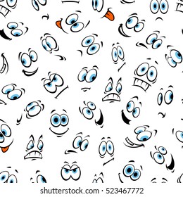 Face and smiley seamless pattern of cartoon emoticon with different facial expressions. Happy smiling, scared, surprised, angry, sad, excited, confused emotions background design