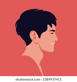 The face of a smiling Asian man in profile. Side view. Vector flat illustration