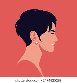 La cara de una mujer asiática sonriente de perfil con un corto corte de pelo. Vista lateral. Ilustración plana de Vector