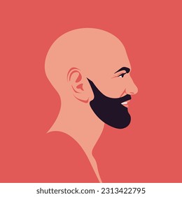 La cara de un hombre calvo sonriente con barba de perfil. Vista lateral. 	 Ilustración plana del vector