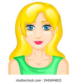 Face of a smiling blonde. A woman with blue eyes, pink lips and yellow hair. Beautiful person. Cartoon character for avatar in green clothes.