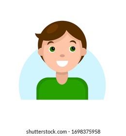Face of a smiling brunette boy with green eyes. Cartoon portrait of a young man. Avatar character for an icon, logo, hand drawn simple flat. Stock vector illustration isolated on white background.