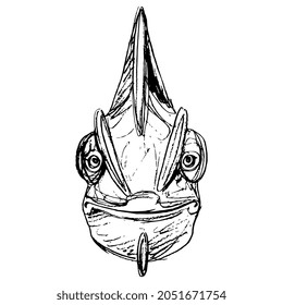 Face of smiling chameleon. Funny animal mask. Happy reptile portrait. Hand drawn linear doodle rough sketch. Black silhouette on white background.