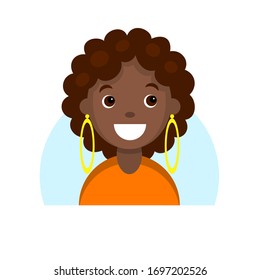 Face of a smiling dark skinned girl. Cartoon portrait of a young african woman. Avatar character for an icon, logo, hand drawn simple flat. Stock vector illustration isolated on white background.