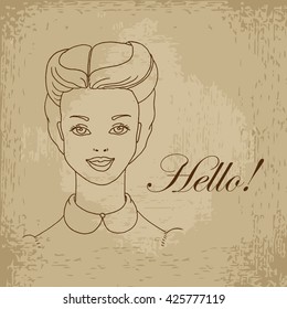 Face of smiling girl. Hello sign. Hand drawn vector stock illustration