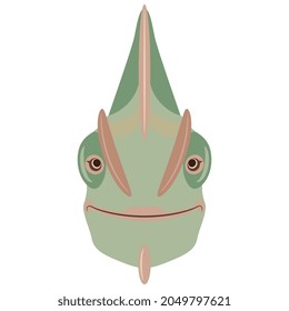 Face of smiling green chameleon. Funny animal mask. Happy reptile portrait. Cartoon style.