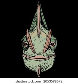 Face of smiling green chameleon. Funny animal mask. Happy reptile portrait. Hand drawn colorful rough sketch. On black background.