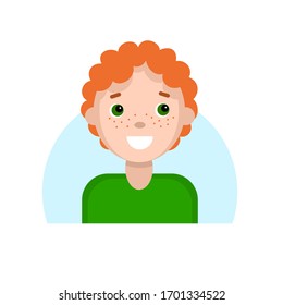 Face of a smiling red-haired boy with freckles. Cartoon portrait of a young man. Avatar character for an icon drawn by hand a simple flat. Stock vector illustration isolated on white background.