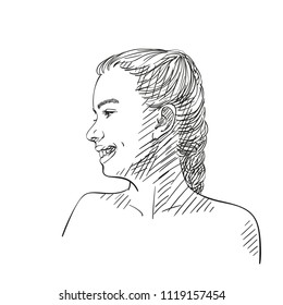 Face of smiling young teenage girl in profile, Hand drawn illustration with hatched shades isolated on white background, Vector sketch