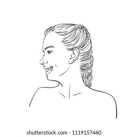 Face of smiling young teenage girl in profile, Hand drawn line art illustration isolated on white background, Vector sketch